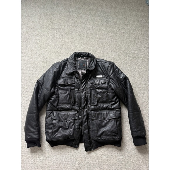 Coogi Jacket Mens Large Black Faux Leather Quilted Multi Pocket Bomber